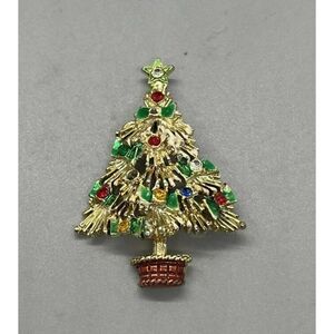 Rhinestone Brooch Pin Christmas‎ Tree With Red Bucket